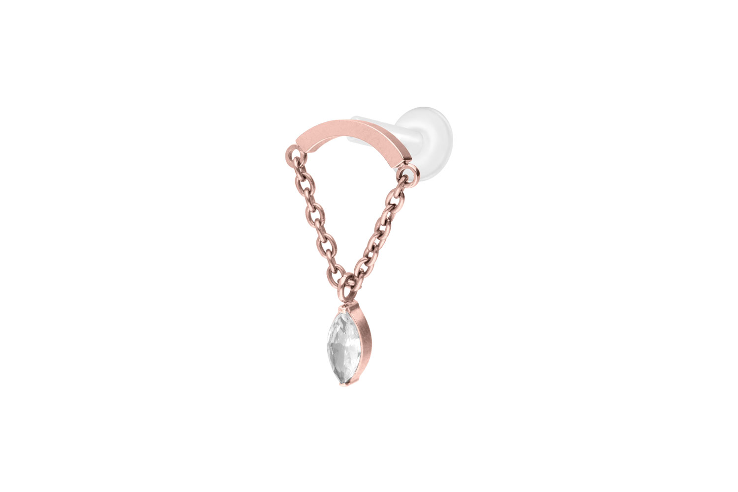 PTFE Labret Piercing mit Innengewinde + Titan-Aufsatz BOGEN + KETTE + KRISTALLTROPFEN